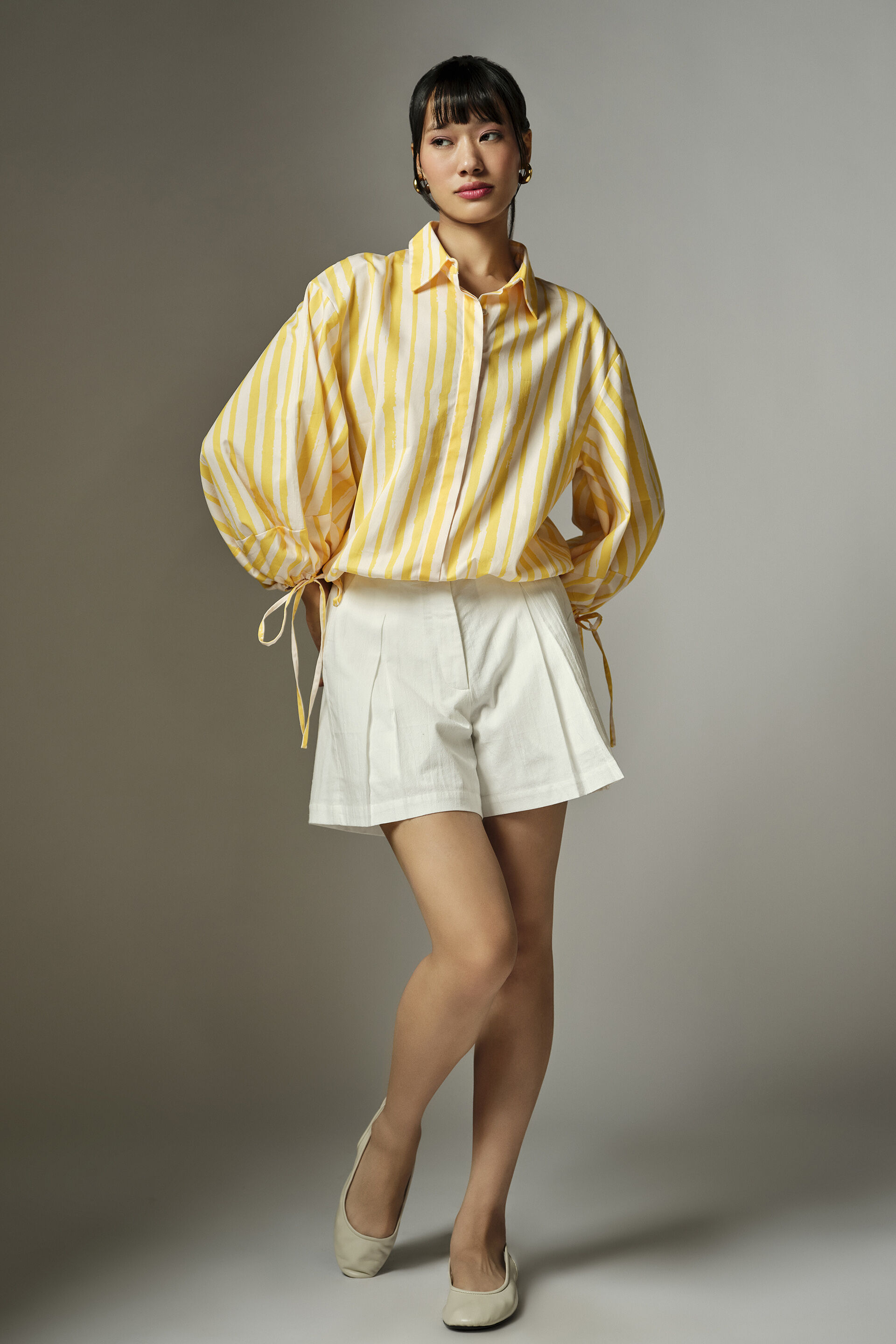 Karyne Striped Cotton Shirt, Yellow, image 3